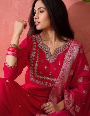 Women's maroon colour kurta set pants stitched and woven dupatta set 5