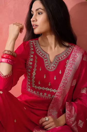Women's maroon colour kurta set pants stitched and woven dupatta set