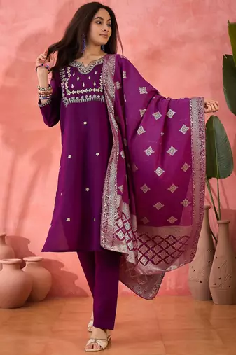 Women's purple colour kurta set pants stitched and woven dupatta set 