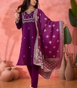 Women's purple colour kurta set pants stitched and woven dupatta set 