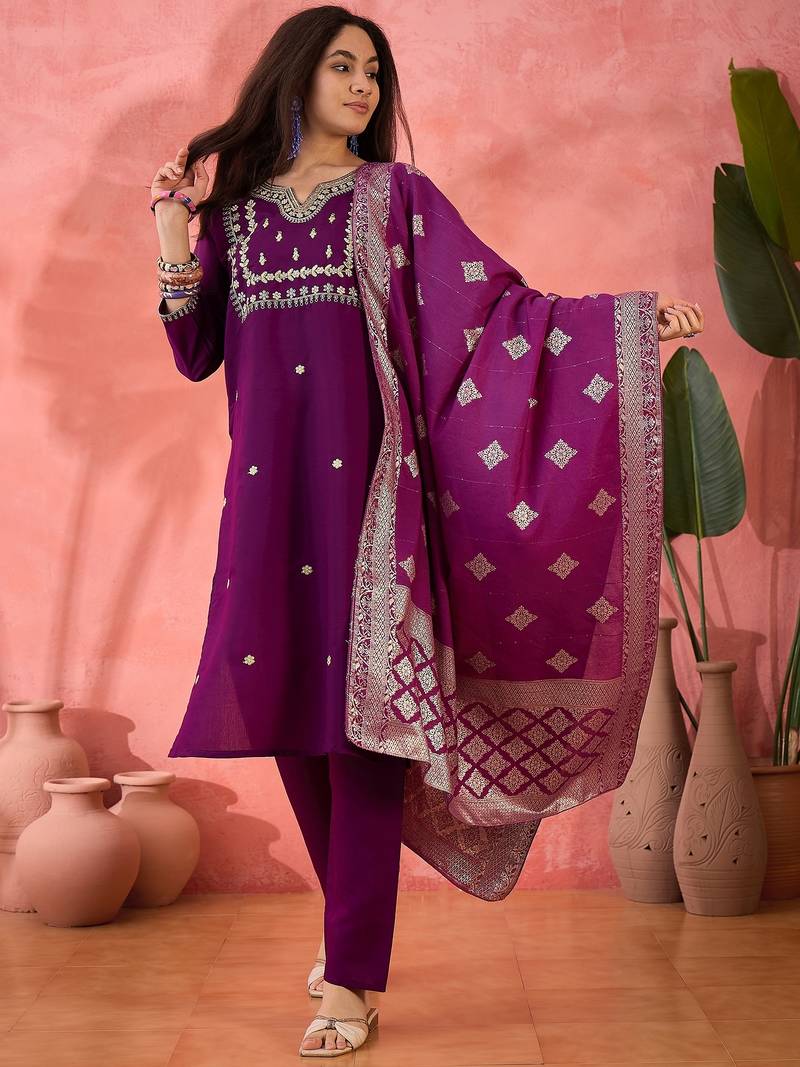 Women's purple colour kurta set pants stitched and woven dupatta set 