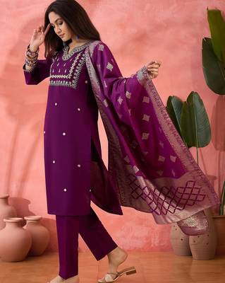 Women's purple colour kurta set pants stitched and woven dupatta set 2