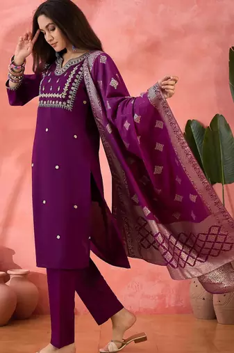 Women's purple colour kurta set pants stitched and woven dupatta set