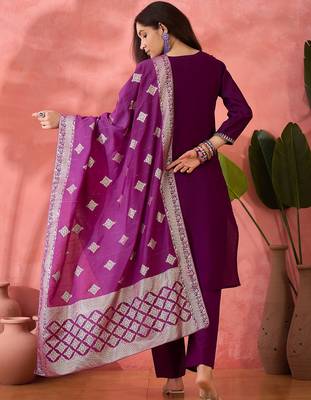 Women's purple colour kurta set pants stitched and woven dupatta set 3