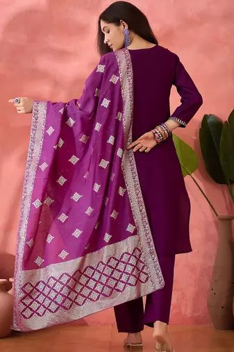 Women's purple colour kurta set pants stitched and woven dupatta set