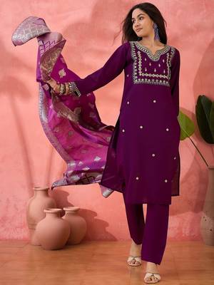 Women's purple colour kurta set pants stitched and woven dupatta set 4