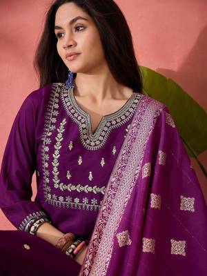 Women's purple colour kurta set pants stitched and woven dupatta set 5