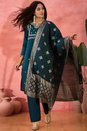 Women's teal colour kurta set pants stitched and woven dupatta set 