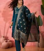 Women's teal colour kurta set pants stitched and woven dupatta set 
