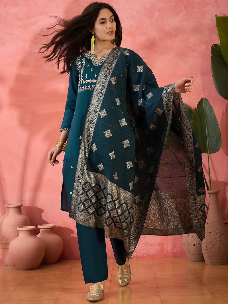 Women's teal colour kurta set pants stitched and woven dupatta set 