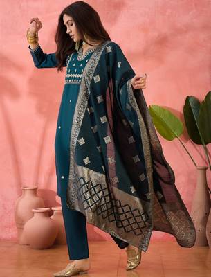 Women's teal colour kurta set pants stitched and woven dupatta set 2