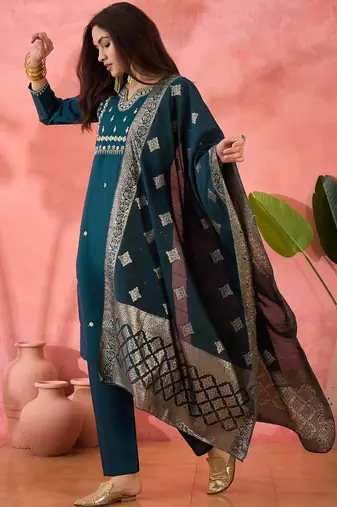 Women's teal colour kurta set pants stitched and woven dupatta set