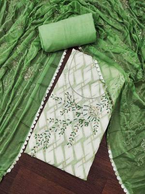 Off- white cotton banarasi handwork unstitched dress material 2
