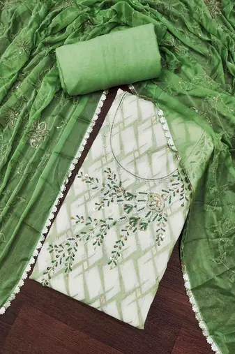 Off- white cotton banarasi handwork unstitched dress material