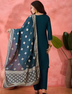 Women's teal colour kurta set pants stitched and woven dupatta set 3