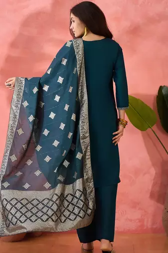 Women's teal colour kurta set pants stitched and woven dupatta set