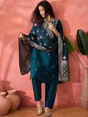 Women's teal colour kurta set pants stitched and woven dupatta set 4