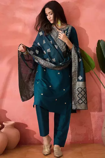 Women's teal colour kurta set pants stitched and woven dupatta set