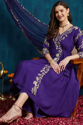 women's elegant angrakha style anarkali kurti set with embroidered dupatta