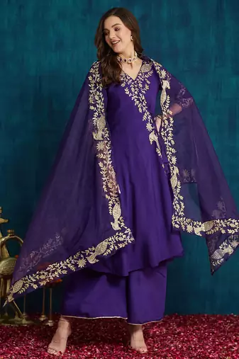 women's elegant angrakha style anarkali kurti set with embroidered dupatta