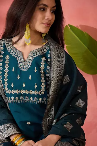 Women's teal colour kurta set pants stitched and woven dupatta set