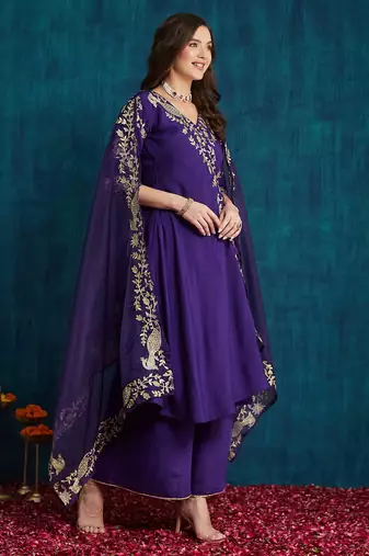 women's elegant angrakha style anarkali kurti set with embroidered dupatta