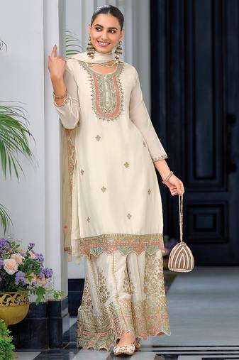 heavy chinon white embroidery worked palazzo suit for women