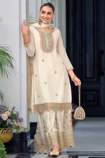 heavy chinon white embroidery worked palazzo suit for women