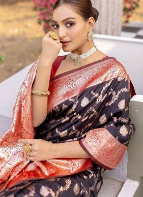 Black Heavy Satin Banarasi silk blend Saree 1