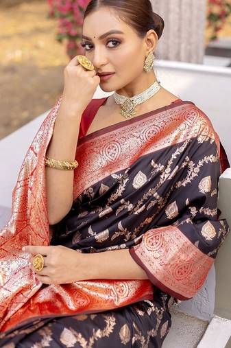 Black Heavy Satin Banarasi silk blend Saree