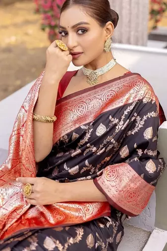 Black Heavy Satin Banarasi silk blend Saree