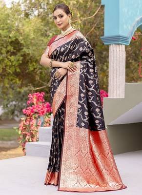 Black Heavy Satin Banarasi silk blend Saree 3