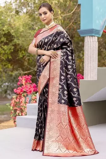 Black Heavy Satin Banarasi silk blend Saree