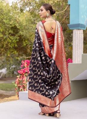 Black Heavy Satin Banarasi silk blend Saree 4