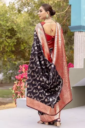 Black Heavy Satin Banarasi silk blend Saree
