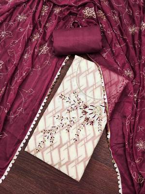 Off- white cotton banarasi handwork unstitched dress material 2