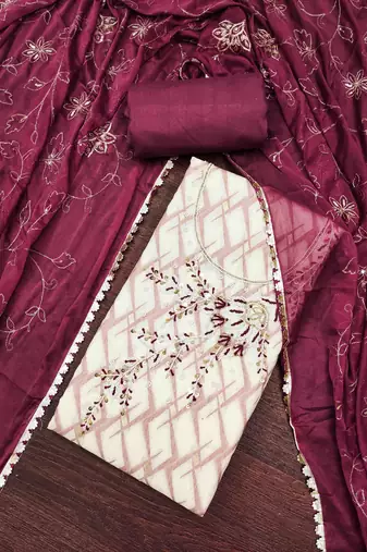 Off- white cotton banarasi handwork unstitched dress material