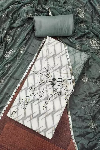 Off- white cotton banarasi handwork unstitched dress material