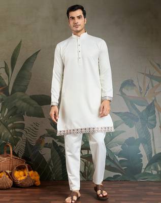 White silk thead & sequins embroidered with real mirror work wedding festival party wear straight kurta pant koti 7