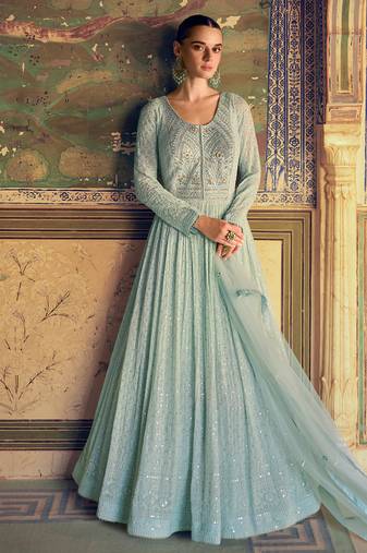 buy sky blue georgette chikankari embroidery anarkali for women