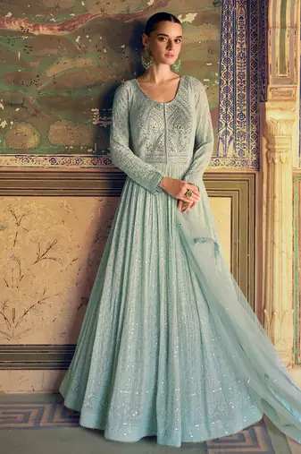buy sky blue georgette chikankari embroidery anarkali for women