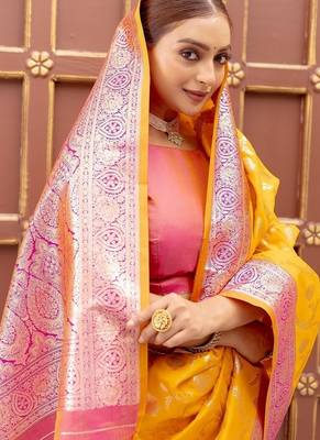 Yellow Heavy Satin Banarasi silk blend Saree 2