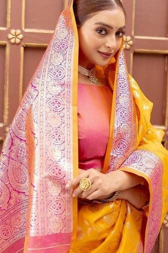 Yellow Heavy Satin Banarasi silk blend Saree