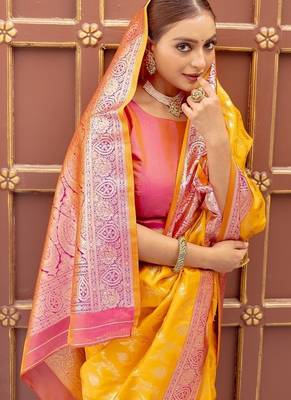 Yellow Heavy Satin Banarasi silk blend Saree 3