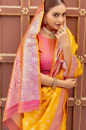 Yellow Heavy Satin Banarasi silk blend Saree