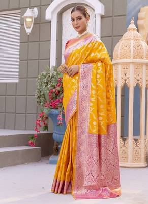 Yellow Heavy Satin Banarasi silk blend Saree 4