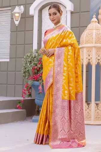 Yellow Heavy Satin Banarasi silk blend Saree