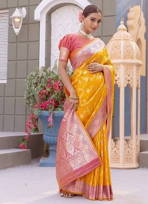 Yellow Heavy Satin Banarasi silk blend Saree 1