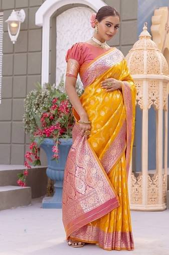 Yellow Heavy Satin Banarasi silk blend Saree