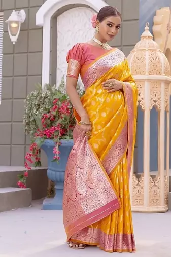 Yellow Heavy Satin Banarasi silk blend Saree